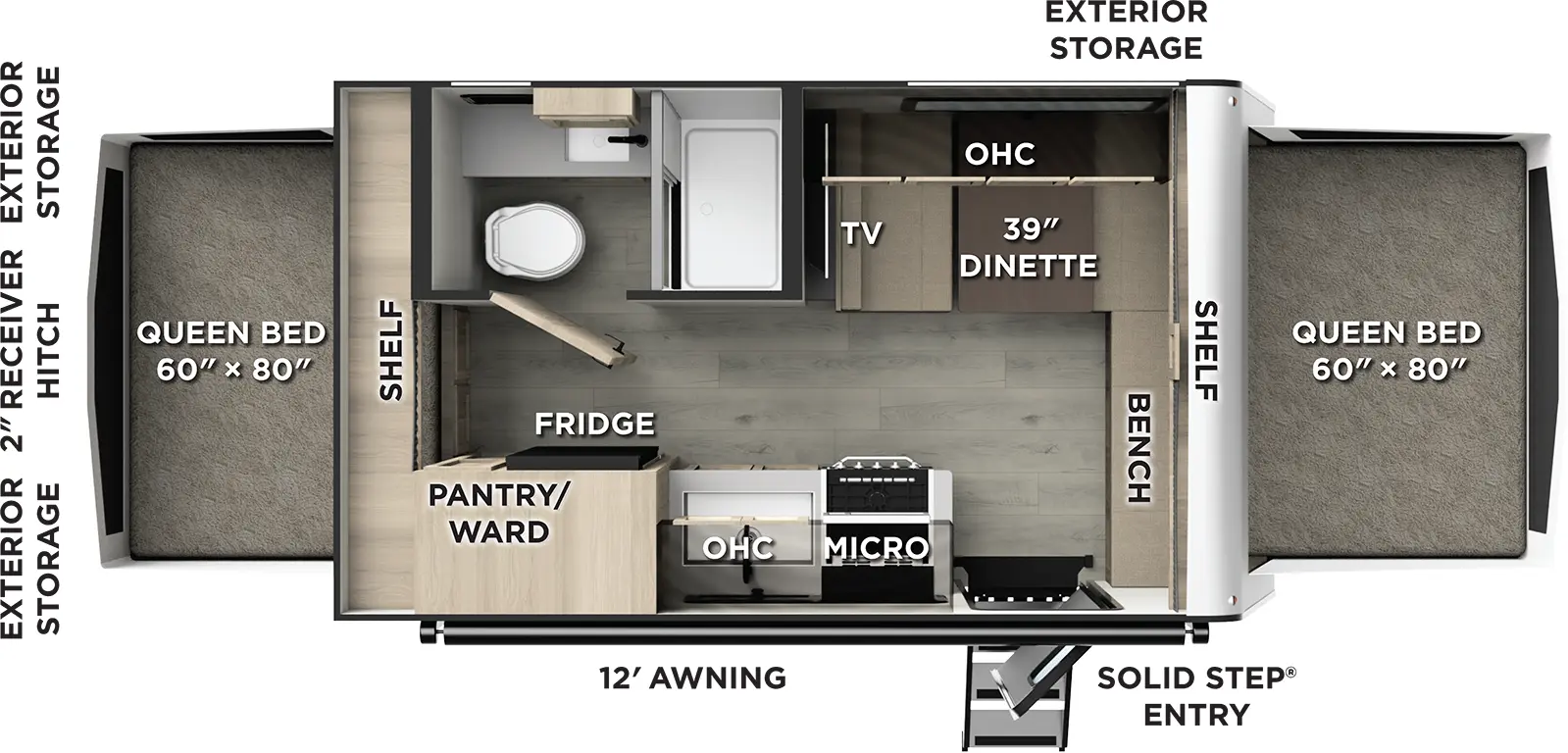 The Flagstaff Shamrock 17E floorplan has one entry and zero slide outs. Exterior features include: fiberglass exterior and 12' awning. 